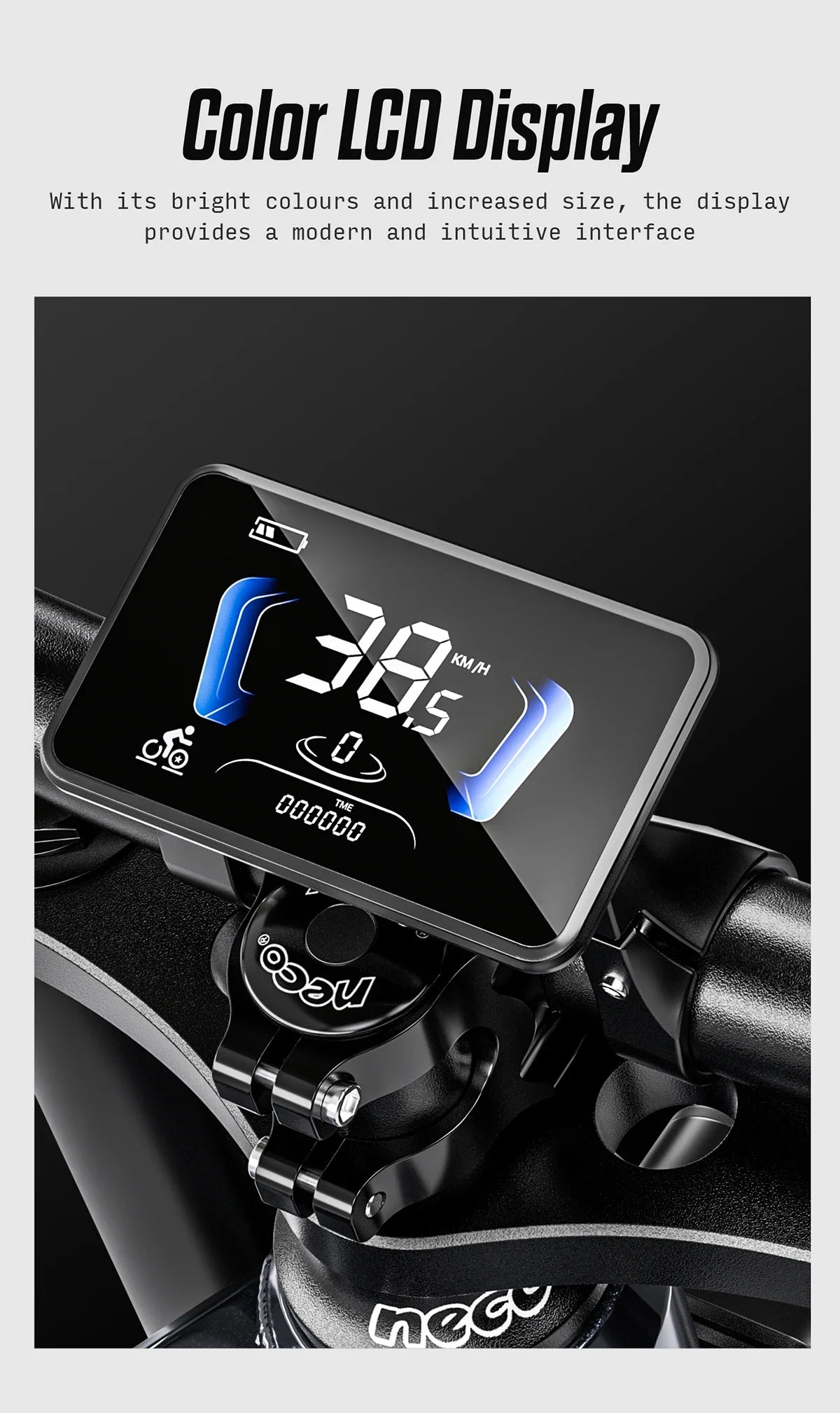 Color LCD display on an electric e-bike  handlebar with digital readings and brand logo.