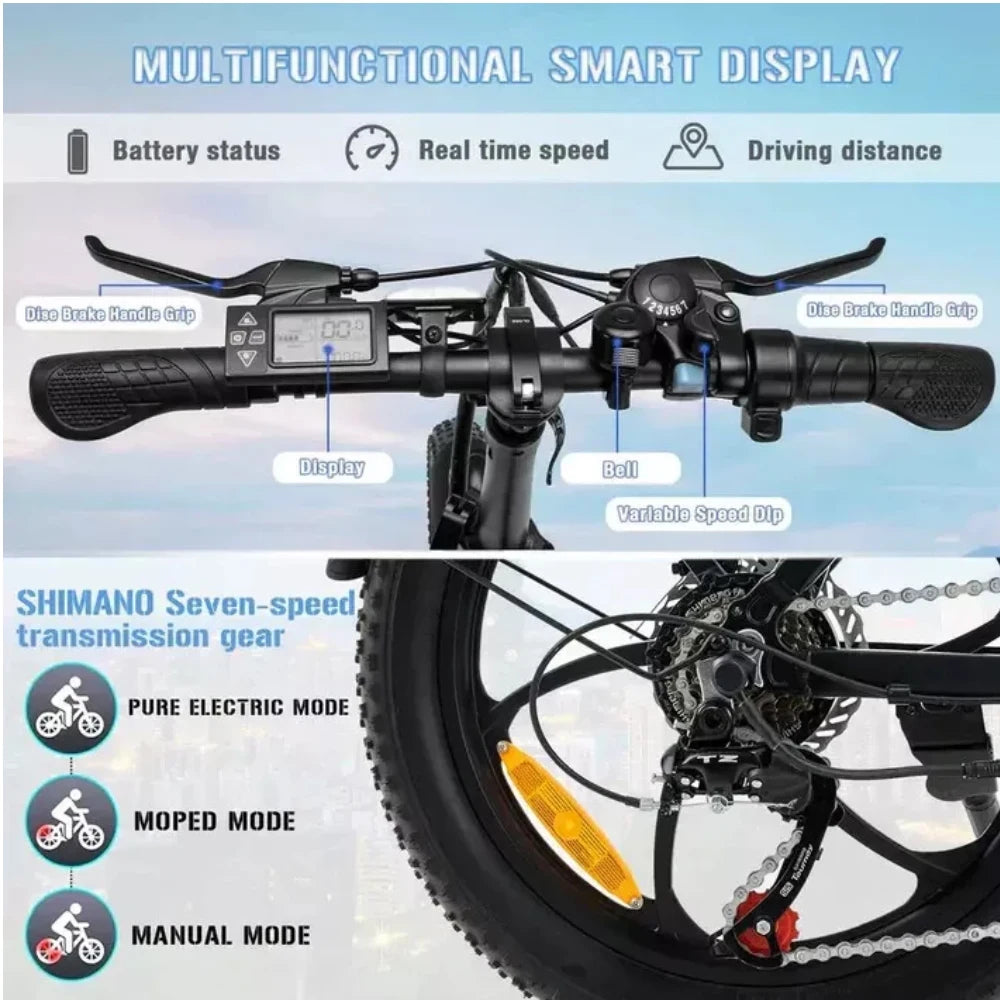  KOOLUX BK6S PRO Multifunctional smart LCD display and Shimano seven-speed transmission gear of an electric bike.