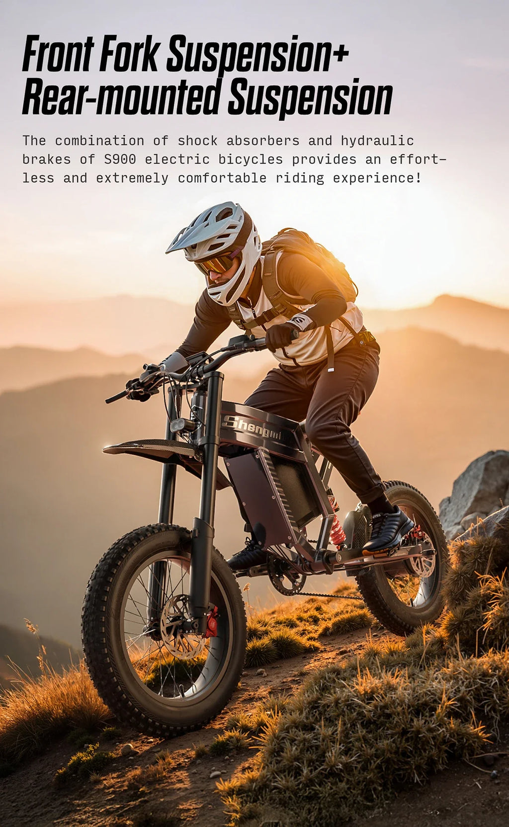 Person riding electric mountain bike on a mountain trail with text about front fork suspension and rear-mounted suspension.