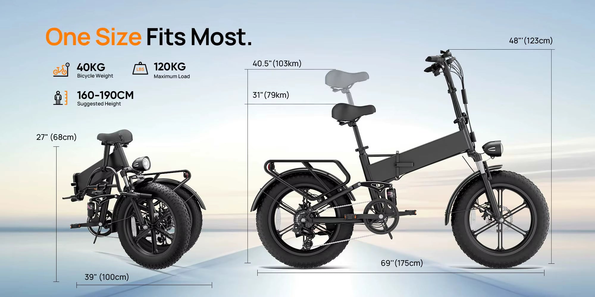 Folding e-bike with measurements on a gradient background