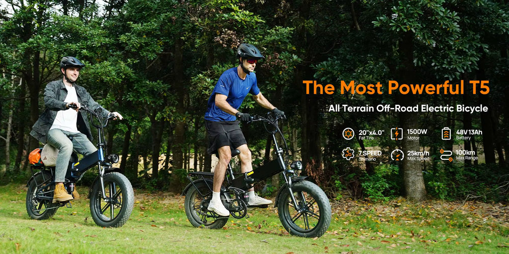 Two people riding electric bikes in a forest with promotional text for the electric bicycle.