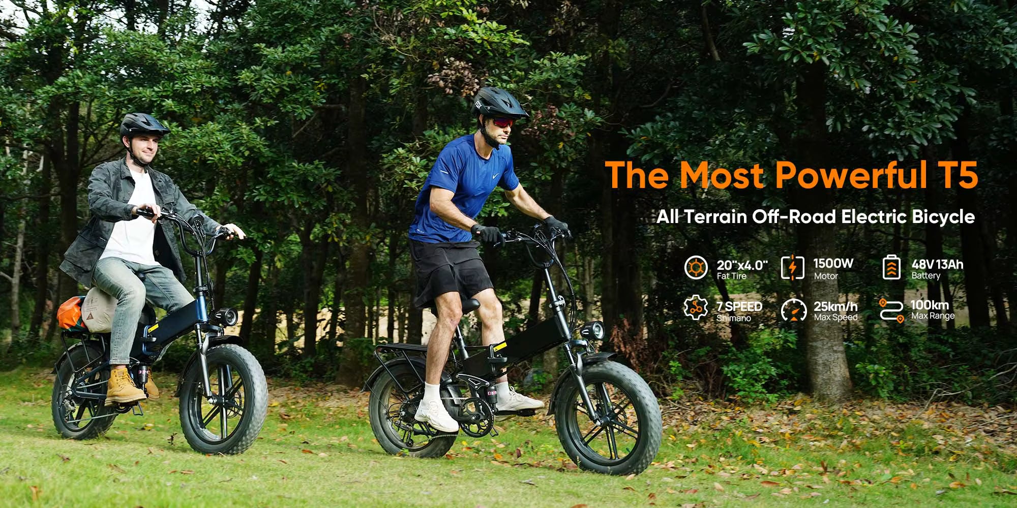 Two people riding electric bikes in a forest with promotional text for the electric bicycle.