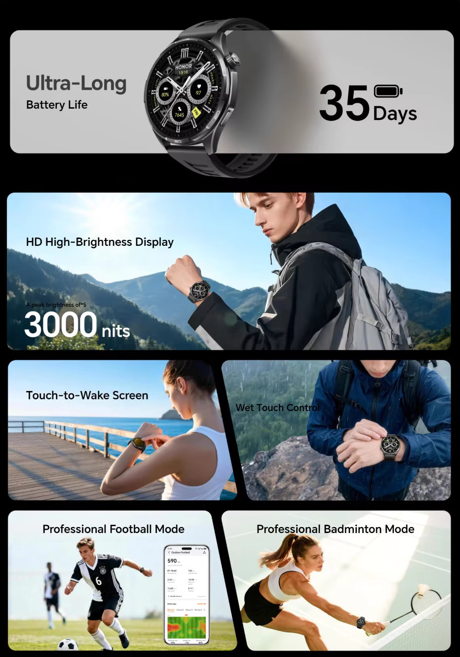 HONOR Watch 6 feature infographic highlighting 35-day ultra-long battery life and professional sports modes