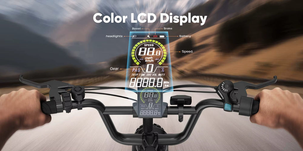Electric Bicycle handlebar with color LCD display showing speed and other metrics against a blurred outdoor background.