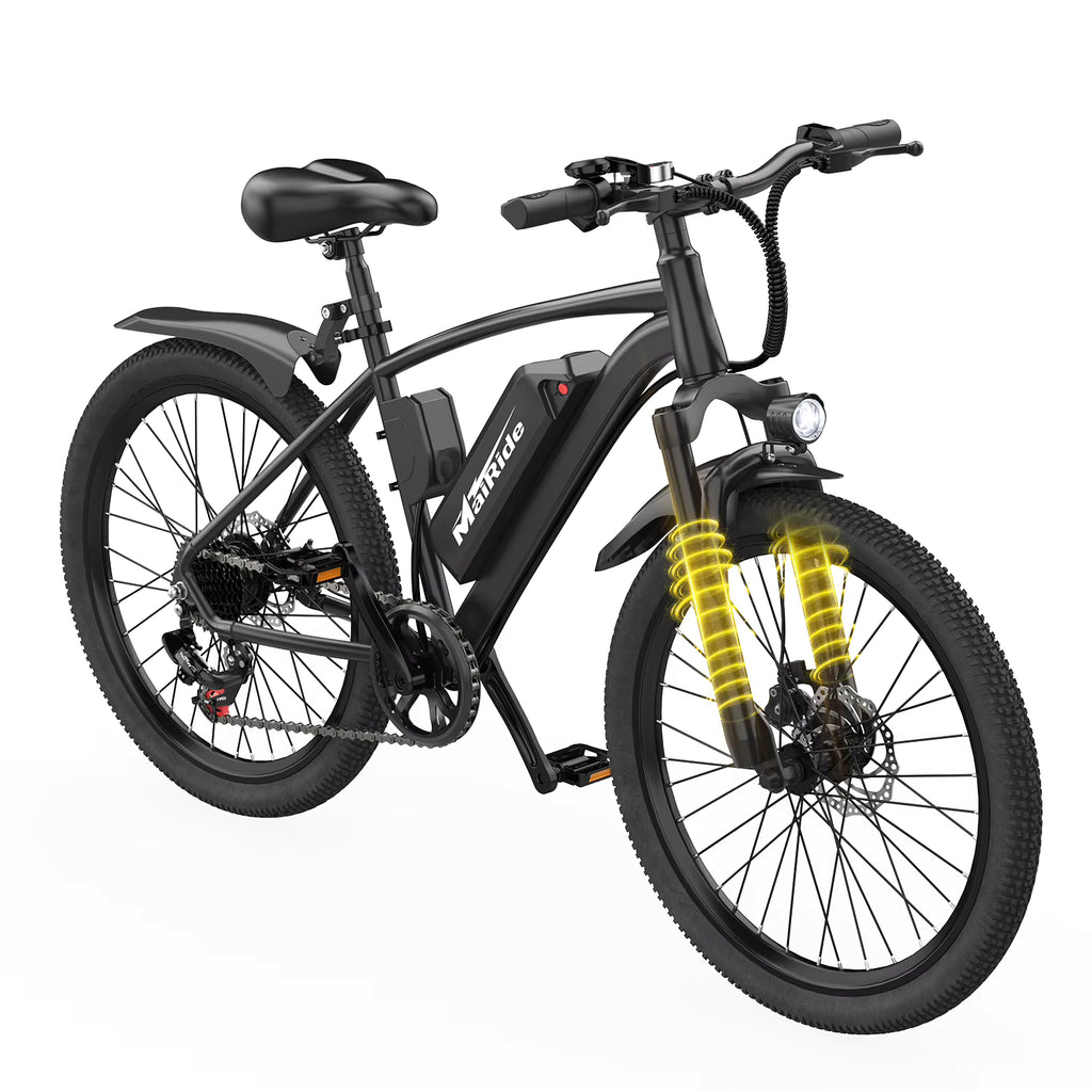 Black MaiRide Q7 26-inch adult electric bike main studio hero shot with highlighted front suspension on a white background