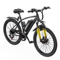 Black MaiRide Q7 26-inch adult electric bike main studio hero shot with highlighted front suspension on a white background