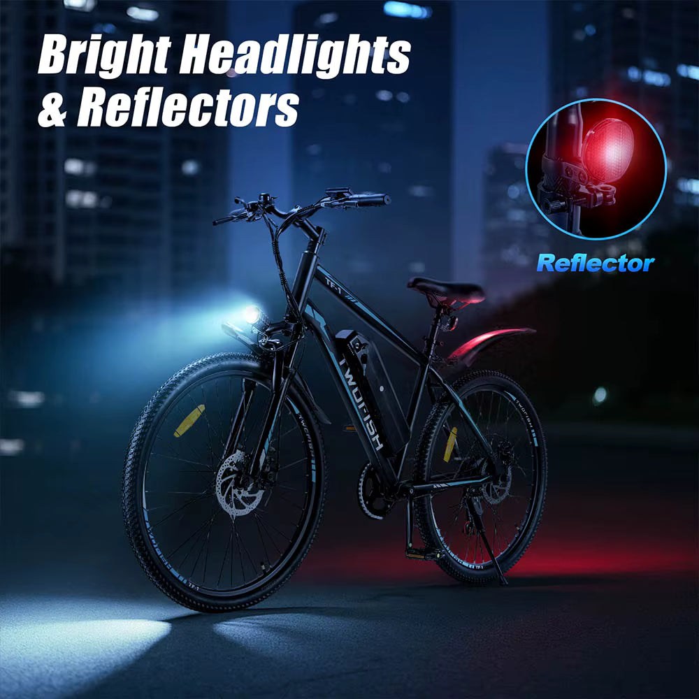 Black electric TWOFISH TF-1 Electric Bike with bright headlight and reflector features, shown on a dark city street at night with promotional text and a circular inset demonstrating the reflector.