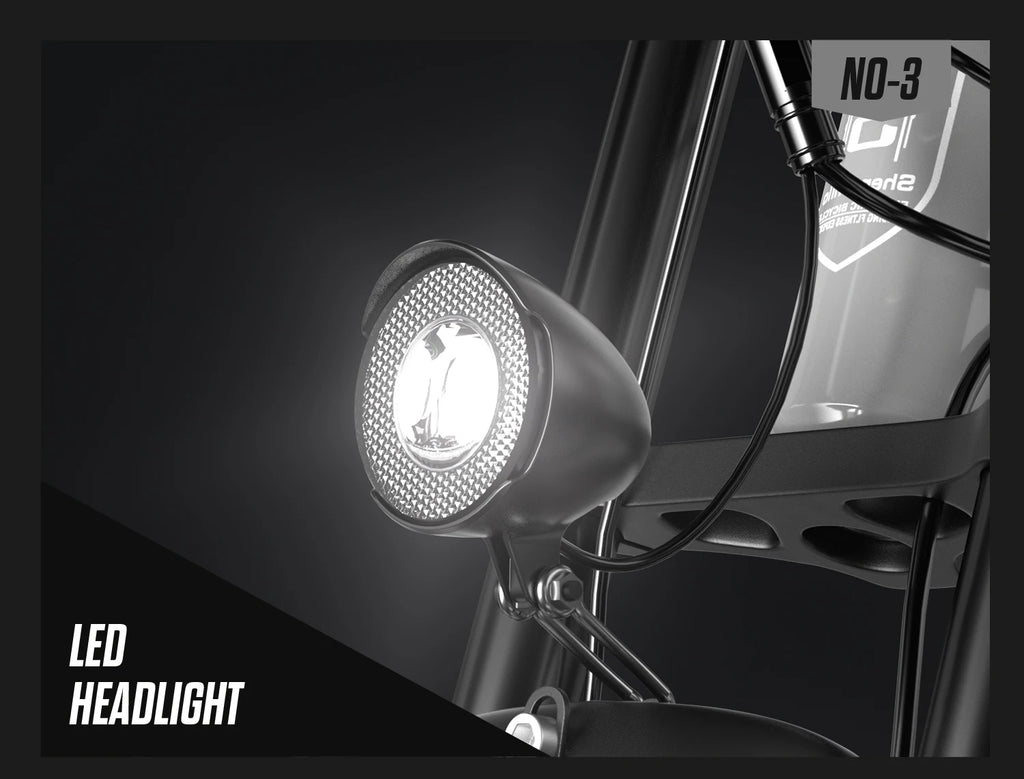 LED headlight on a motorcycle with a dark background