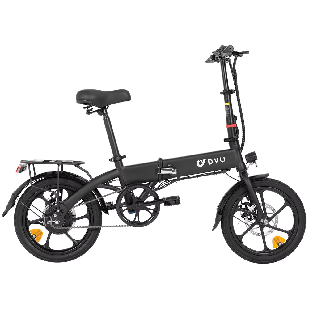 Black folding DYU A1F Pro Folding Electric Bike  E-bicycle with DYU branding on a white background