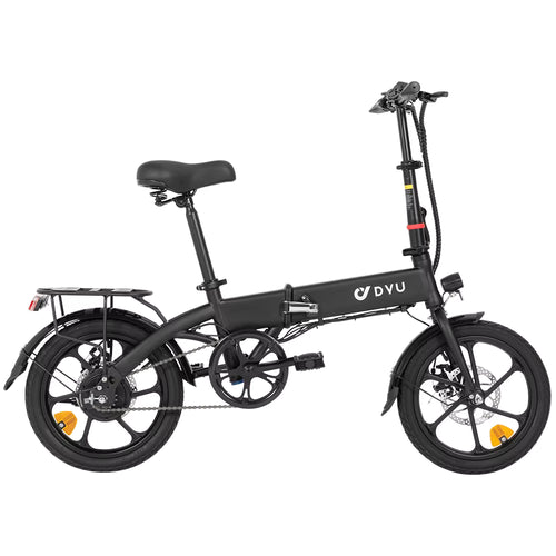 Black folding DYU A1F Pro Folding Electric Bike  E-bicycle with DYU branding on a white background