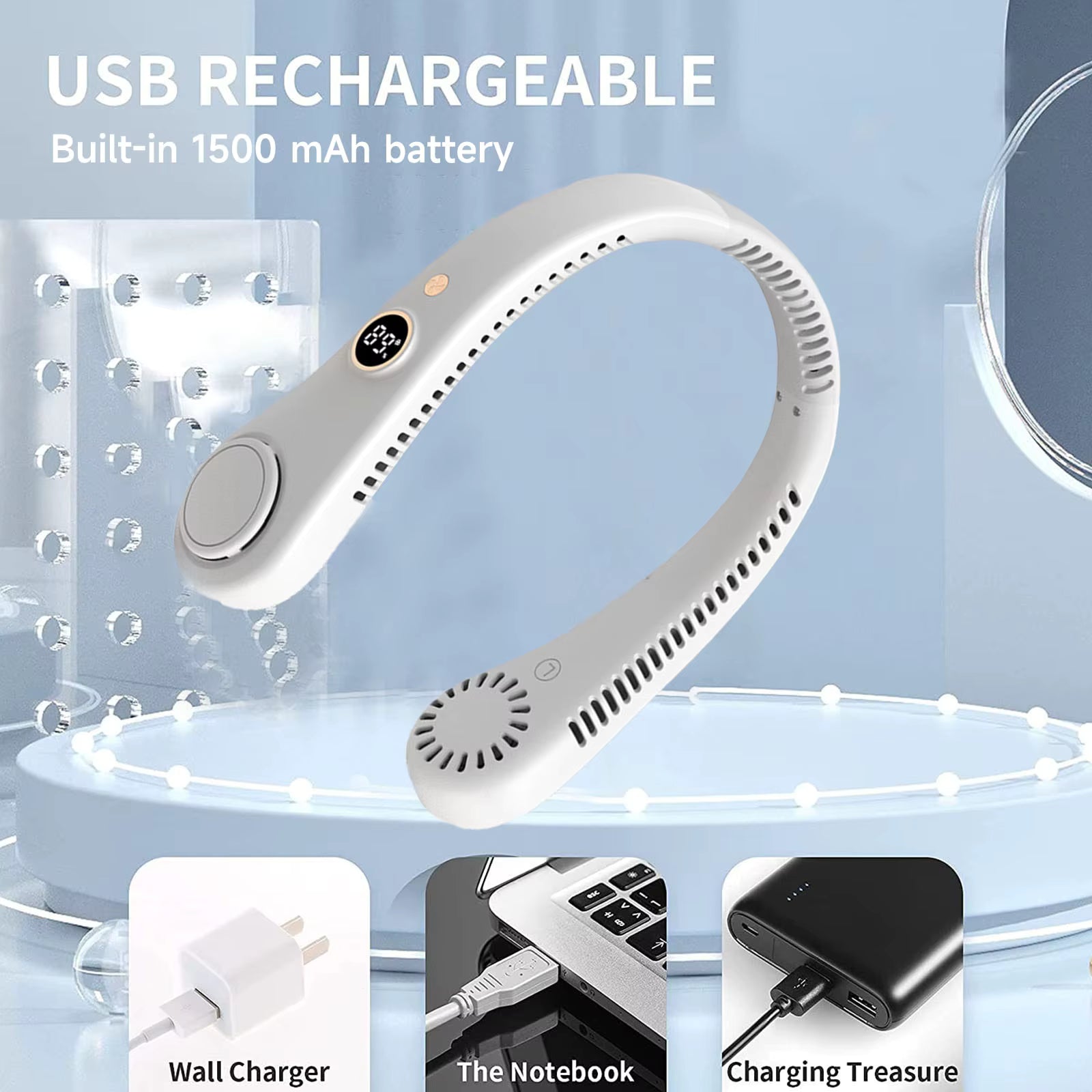 White neckband-style wireless earbuds with a built-in battery, shown floating on a light blue graphic background with text reading 'USB RECHARGEABLE' and 'Built-in 1500 mAh battery.' Three small inset images at the bottom show a wall charger, charging in use with a notebook, and charging on a phone case.
