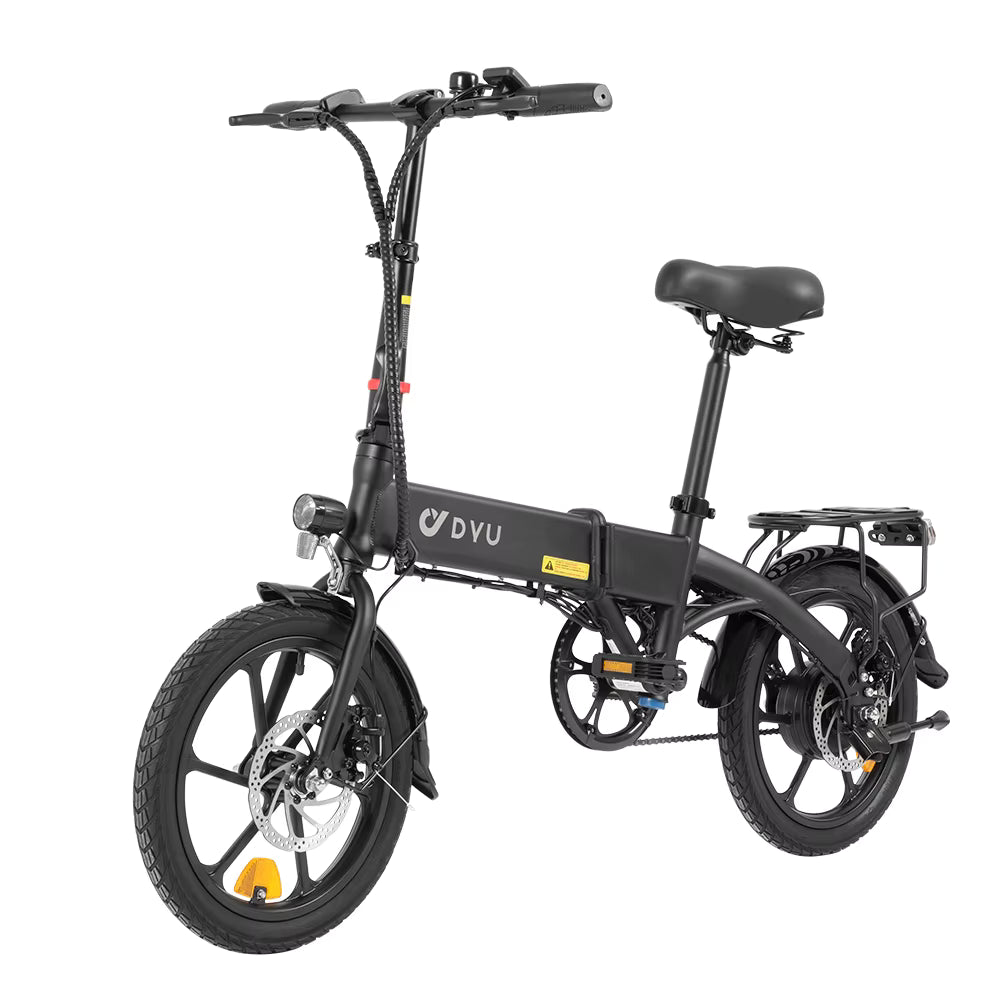 Black DYU A1F Pro Folding Electric Bike e-bike with 'DYU' branding on a white background