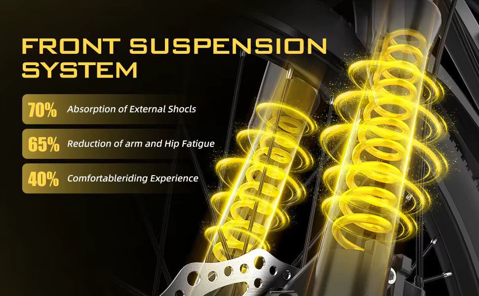 Technical callout graphic demonstrating the front suspension system and shock absorption   