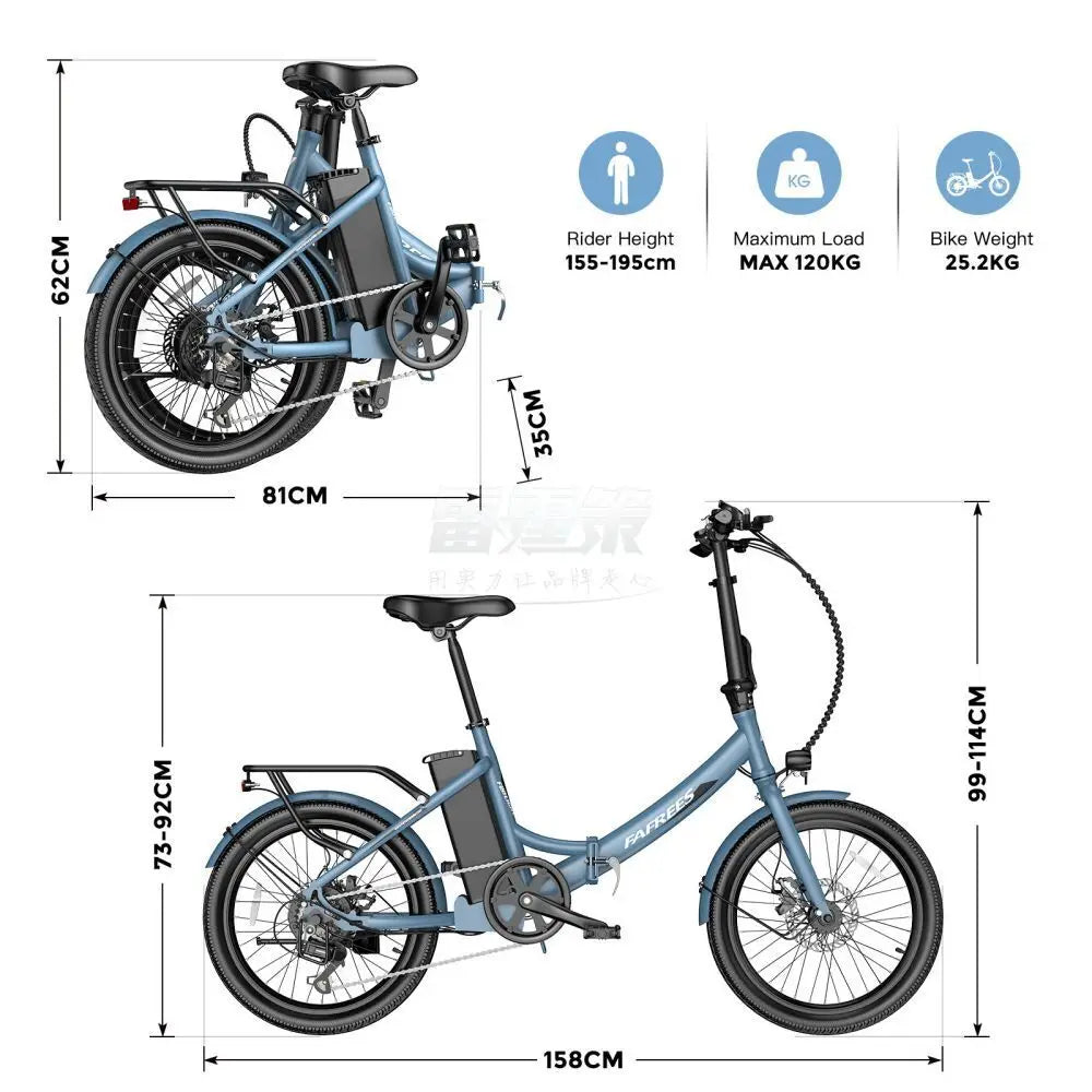 Blue electric bike with dimensions and specifications on a white background