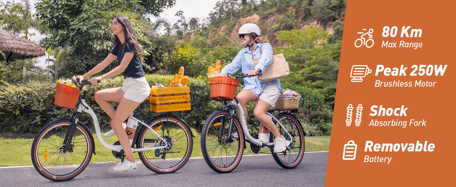 Two people riding White DYU C6 Pro E-Bike electric bikes with product features displayed on an orange sidebar.