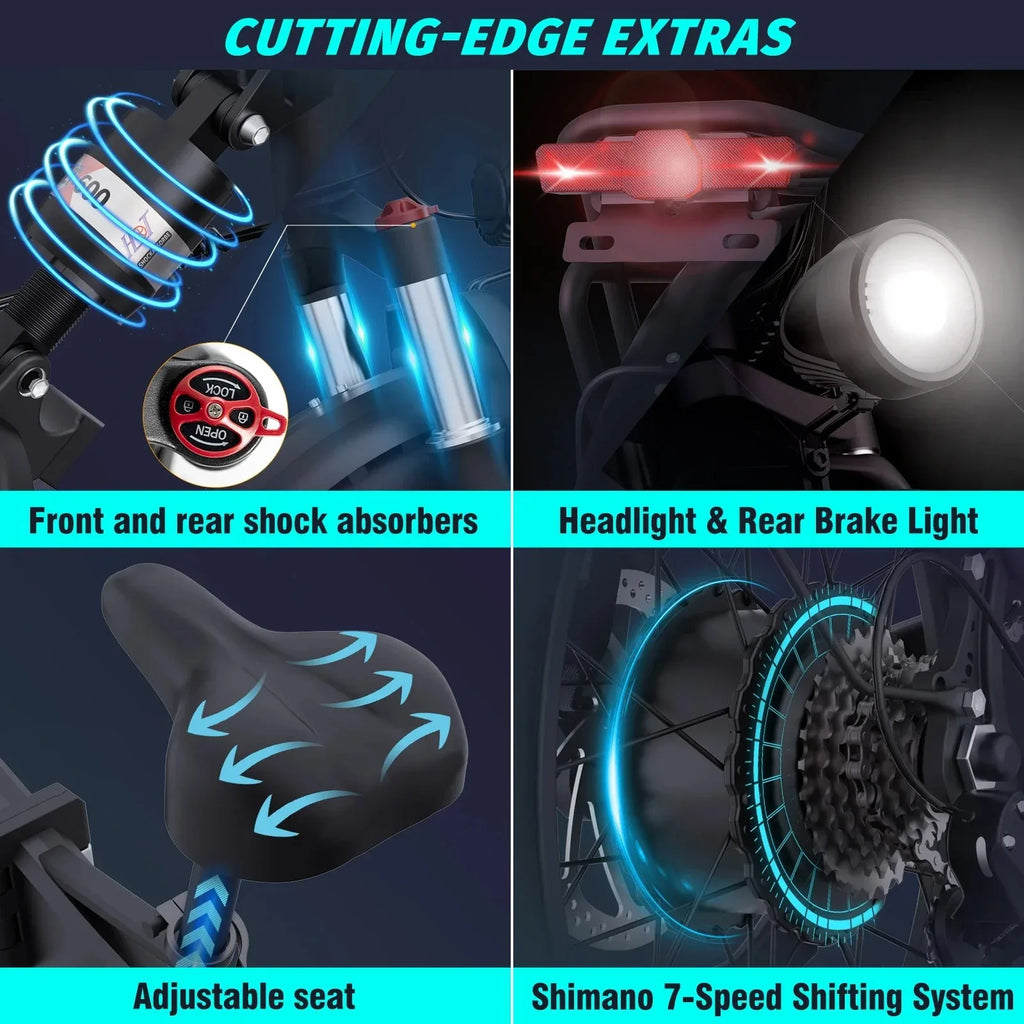 Electric Bicycle components with text highlighting features like front and rear shock absorbers, headlight, rear brake light, adjustable seat, and Shimano 7-speed shifting system.