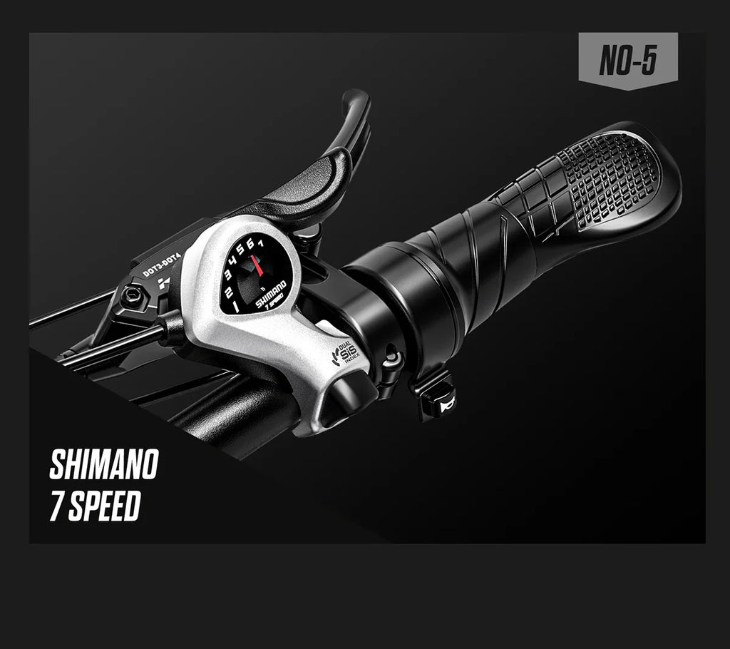 Shimano 7-speed bike handlebar shifters on a black background
