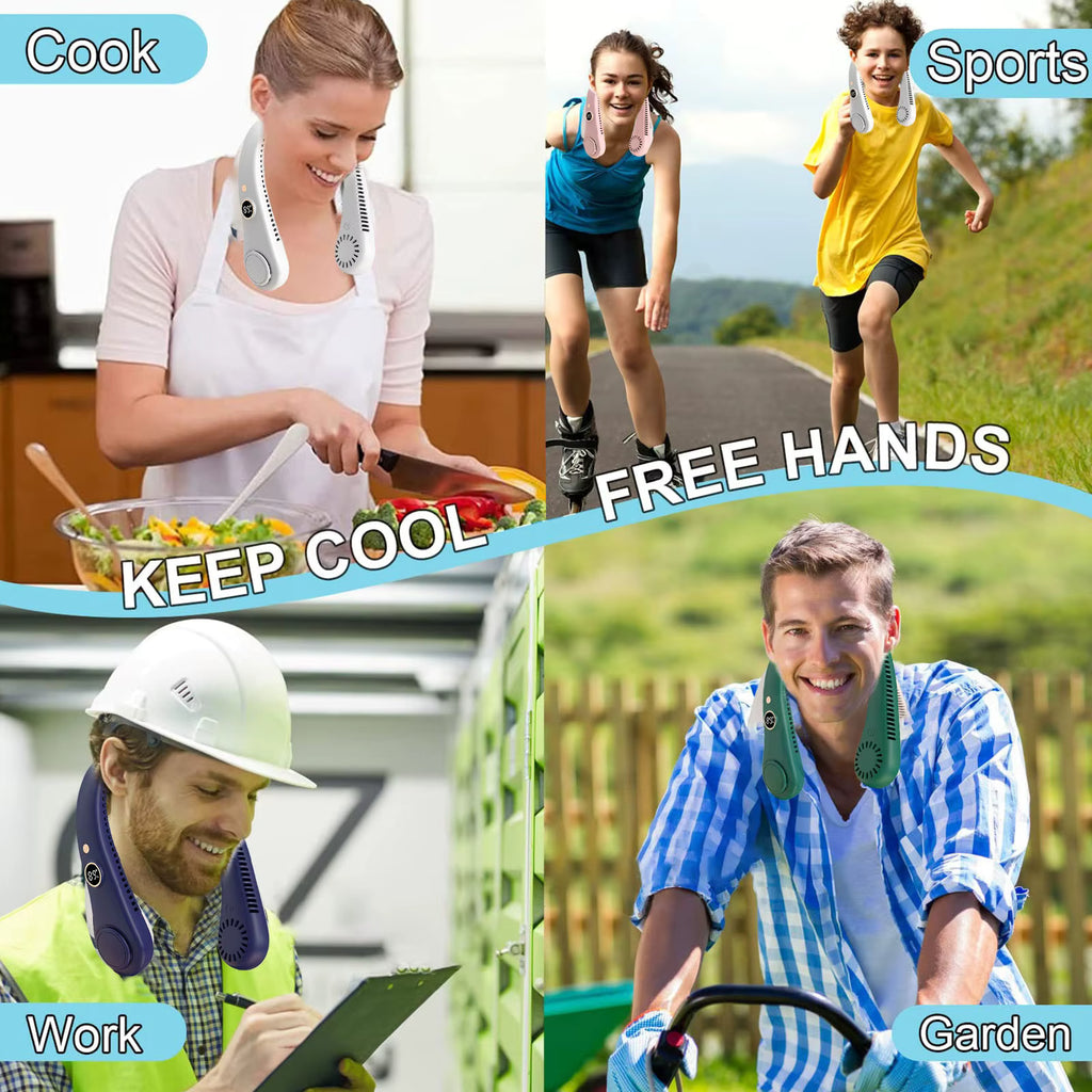A 4-panel collage showing a neck cooling fan in use by people in different activities: cooking, running, working, and gardening. The collage includes text labels 'Cook', 'Sports', 'Work', and 'Garden' and phrases like 'KEEP COOL' and 'FREE HANDS'.