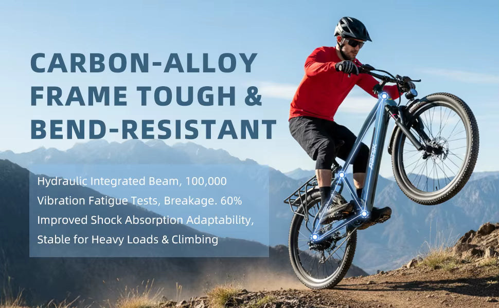 Action banner emphasizing the tough and bend-resistant carbon-alloy frame construction
