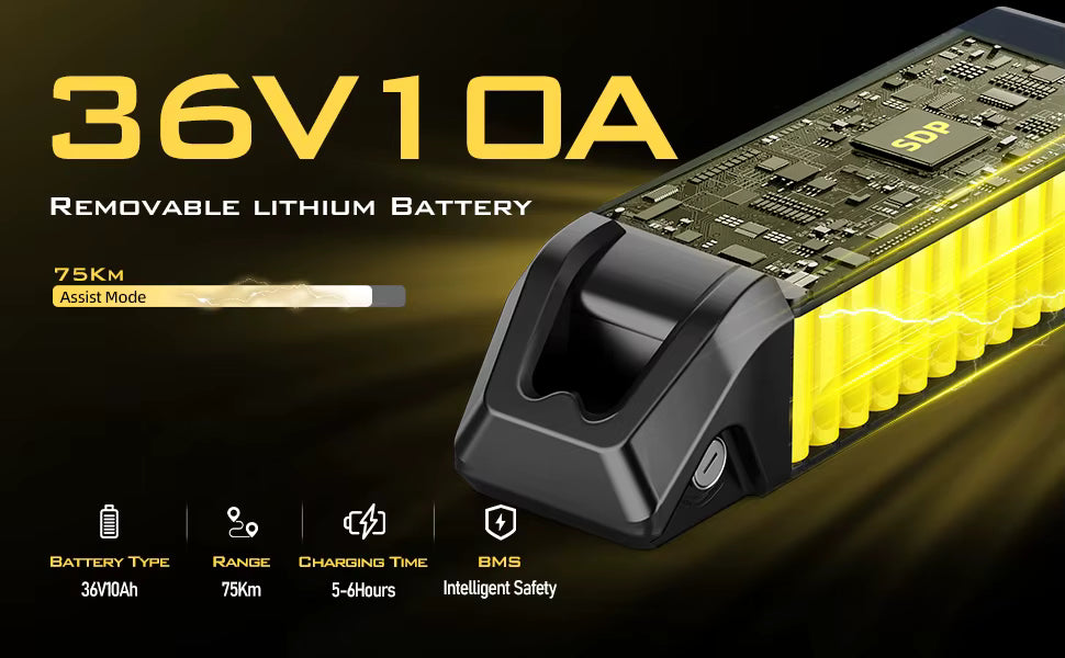  Close-up graphic of the 36V 10Ah removable battery pack showing its internal build and profile   