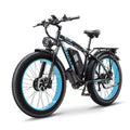 Electric bike with black frame and blue wheels on a white background