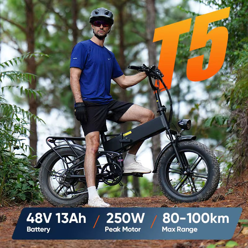 Rider outdoors with Urlife T5 electric fat bike highlighting 48V 13Ah battery and 250W motor specs