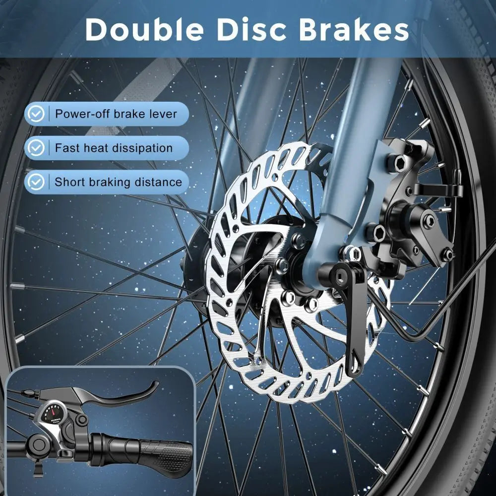 Electric bicycle wheel with double disc brakes and power-off brake lever on a blue background