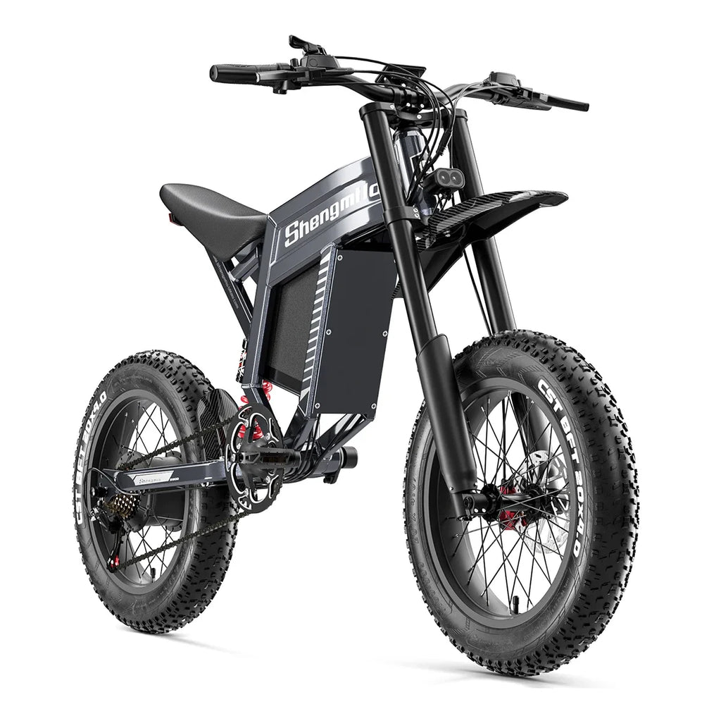 Black Electric Mountain Bike with 'Shengmilo' branding on a white background