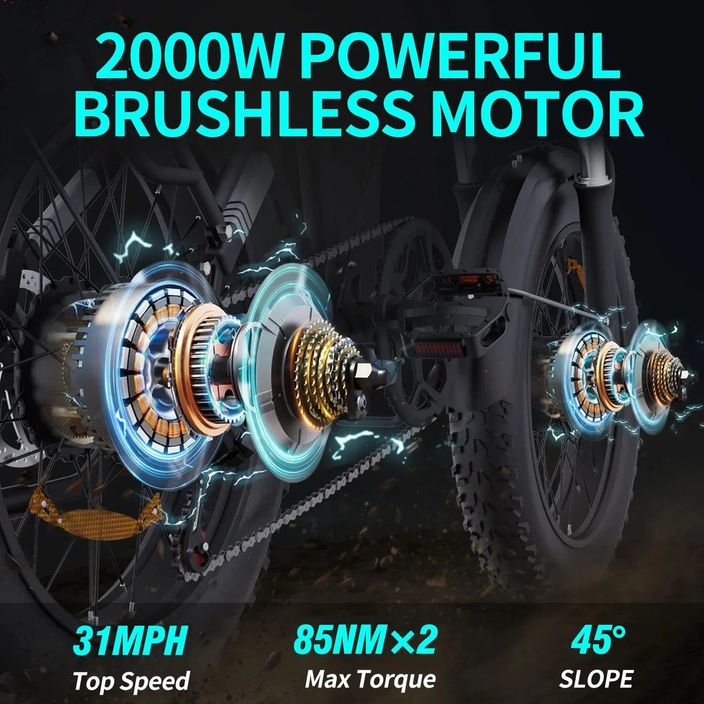 Electric Bicycle components with 2000W powerful brushless motor details on a dark background