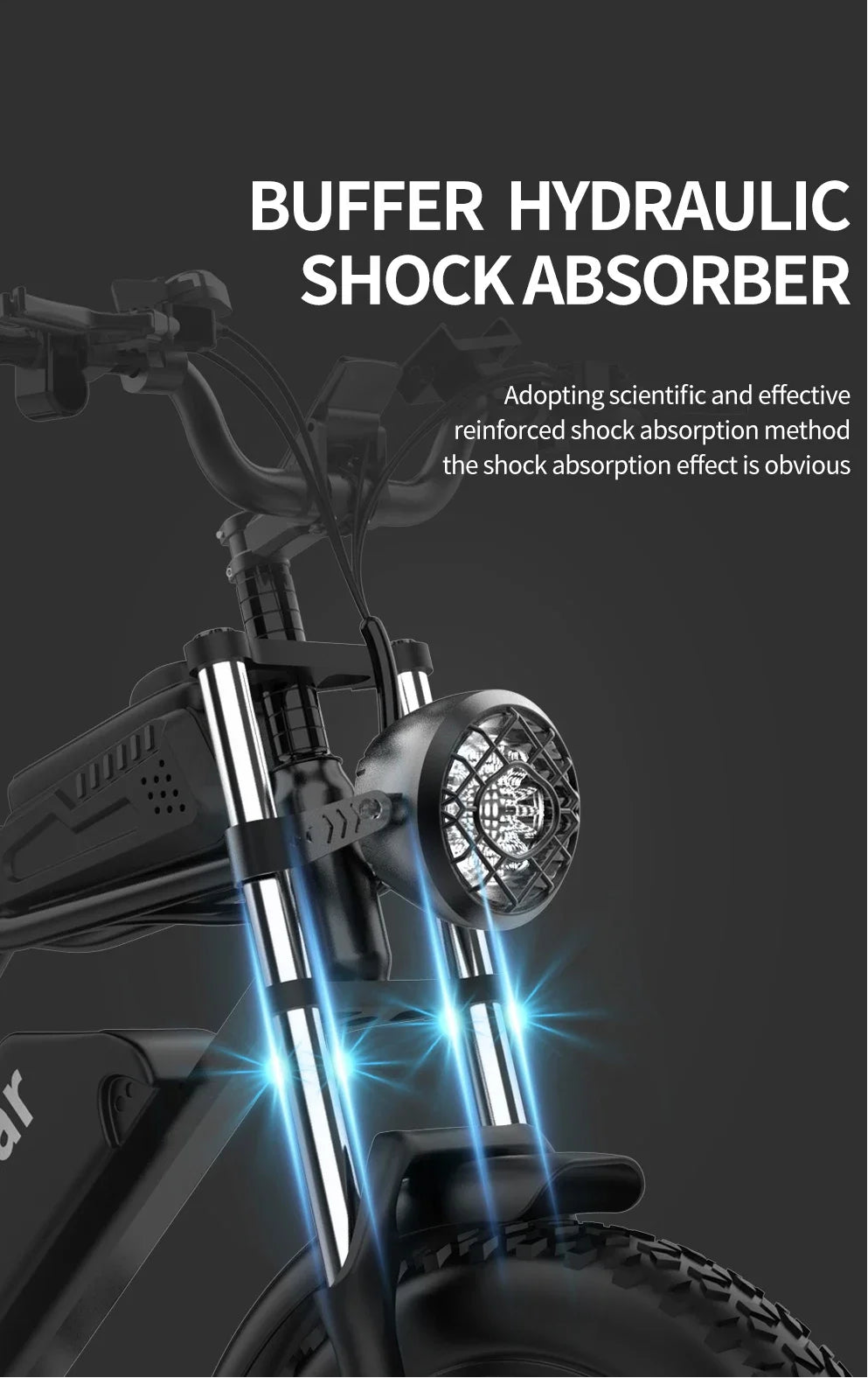 Buffer hydraulic shock absorber on an electric bicycle with text on a dark background
