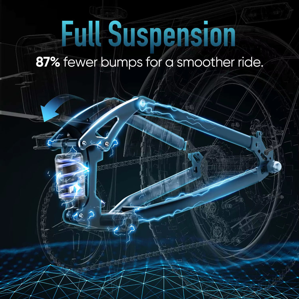 Urlife T5 full suspension system diagram showing rear shock absorber and bump reduction graphic
