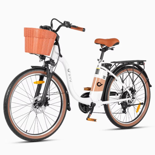 White DYU C6 Pro E-Bike electric bicycle with a brown basket on a white background