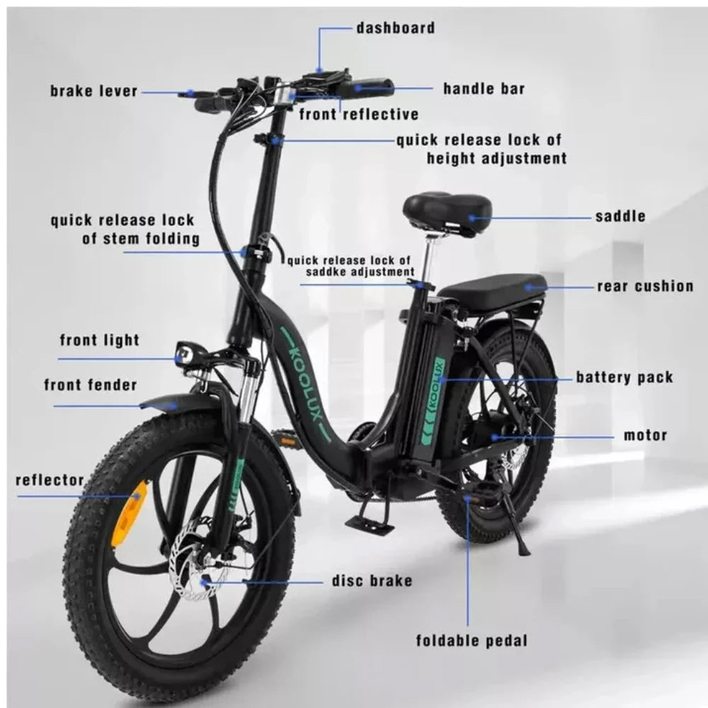 Diagram of an electric KOOLUX BK6S PRO  e-bike with labeled parts on a white background