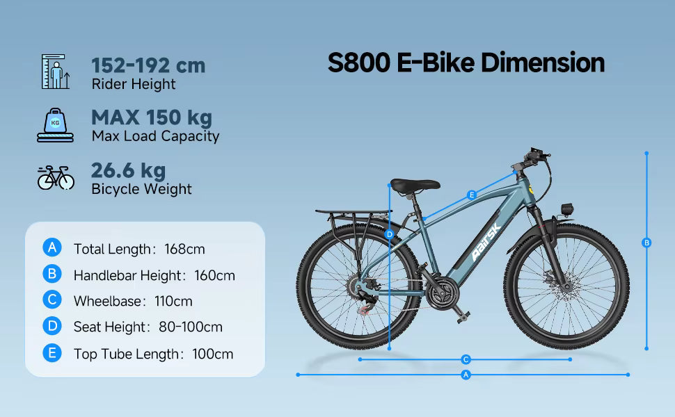 Dimensional layout and sizing diagram displaying rider height recommendations, max load capacity, and bike specifications