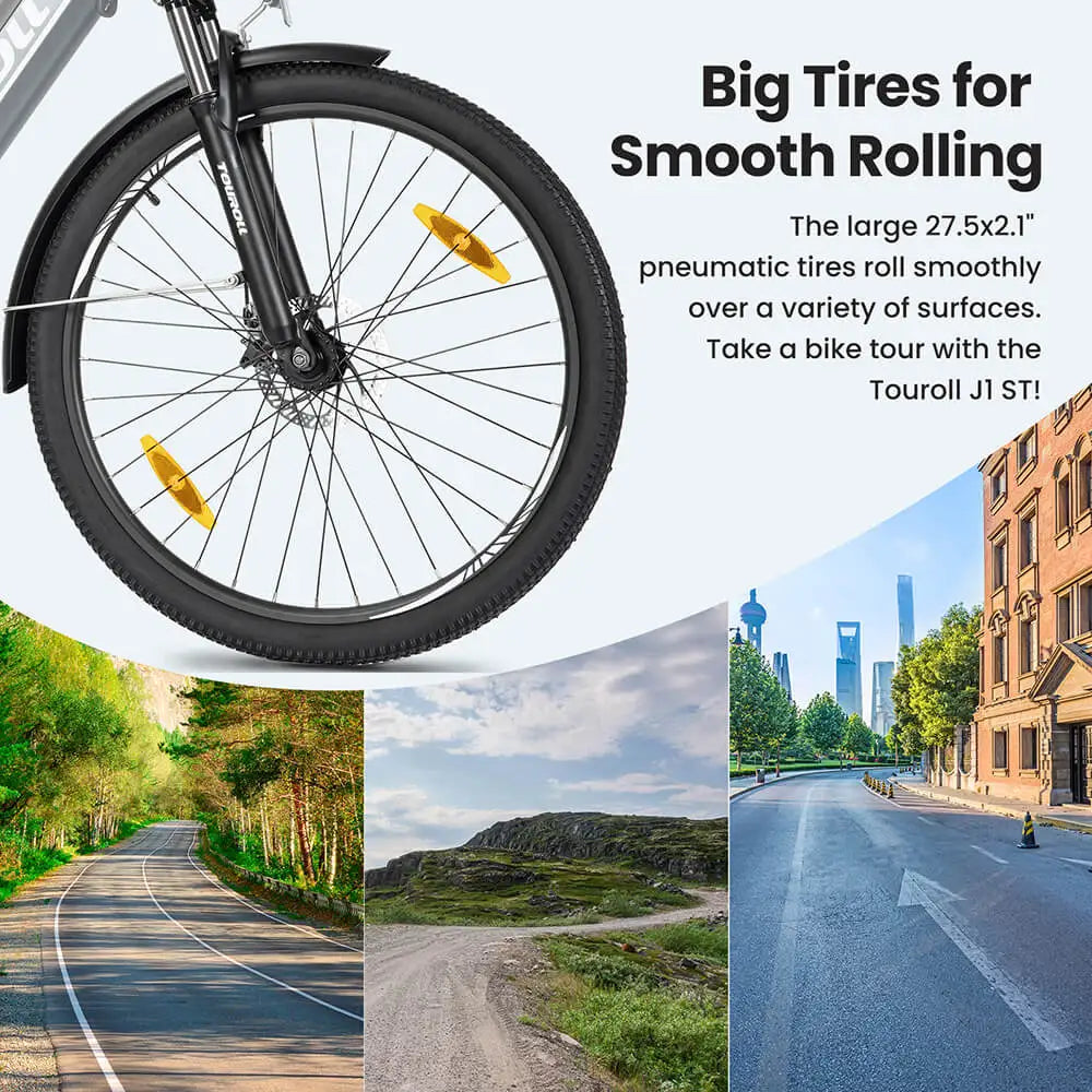 Electric Bicycle wheel with large tires on a background of scenic images and text about bike tours.