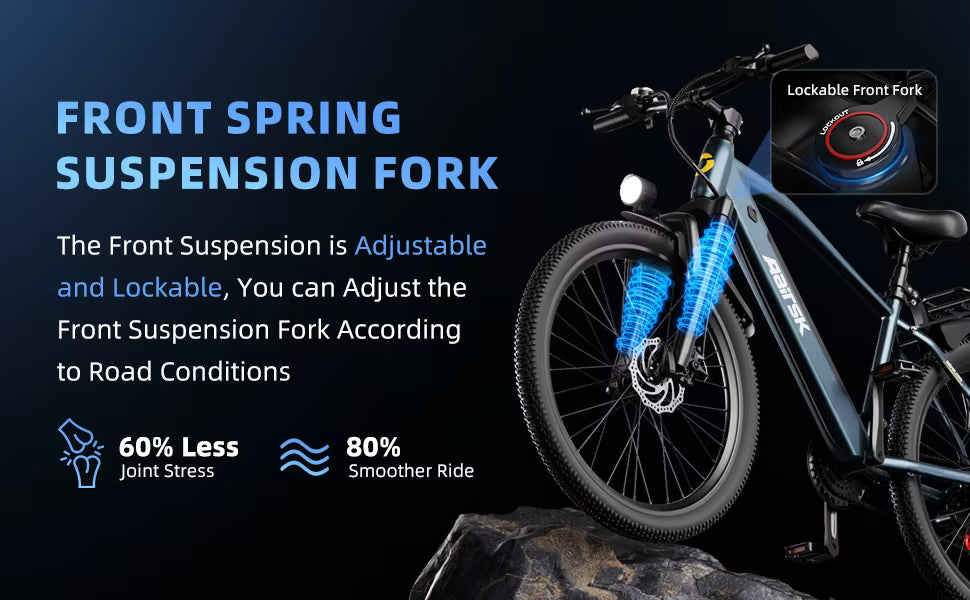 Technical callout graphic detailing the lockable front spring suspension fork and shock absorption