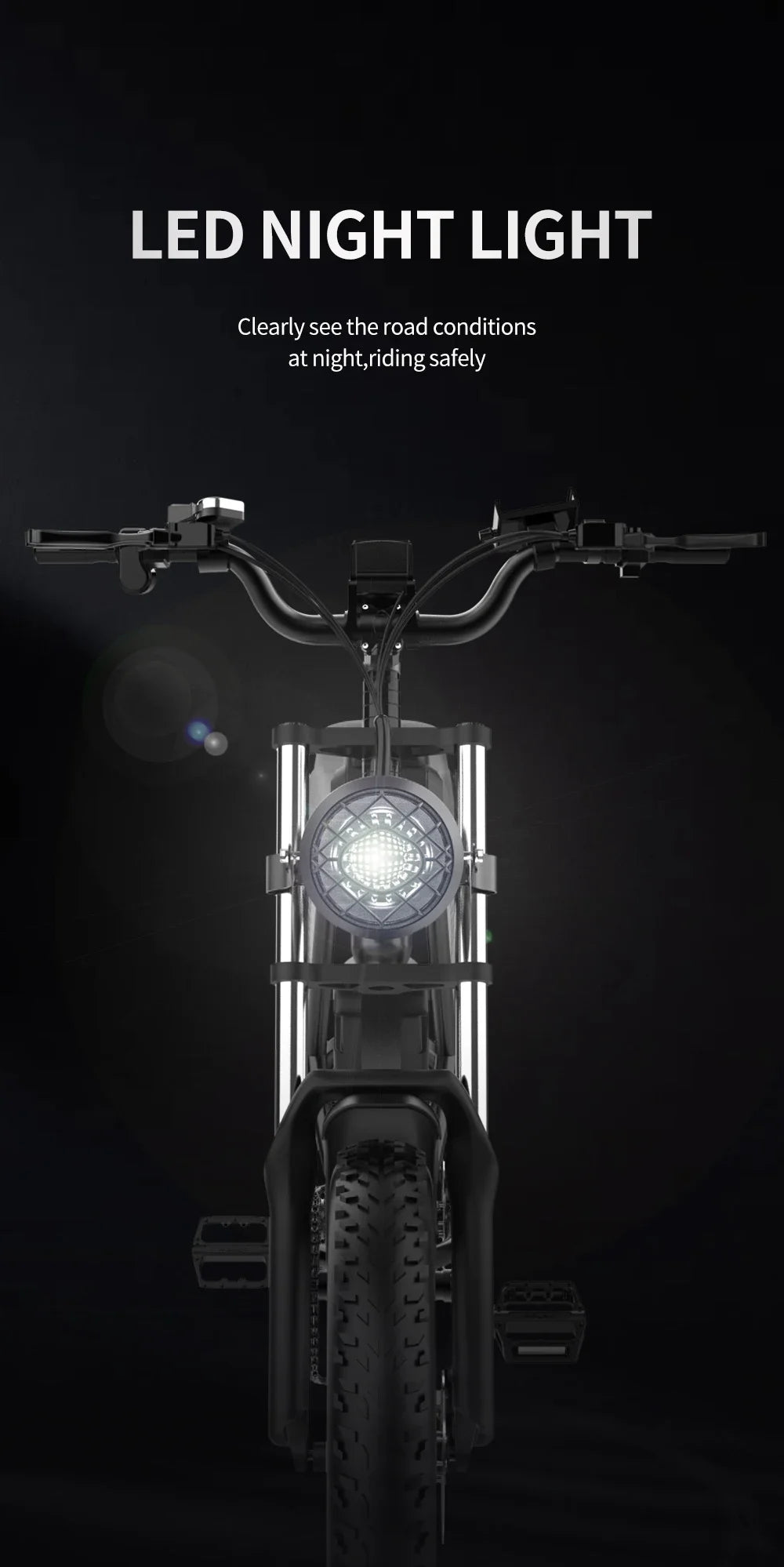 Electric bicycle with LED night light on a black background