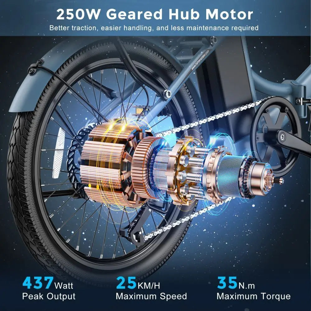 Electric Bicycle hub motor with technical specifications on a blue background