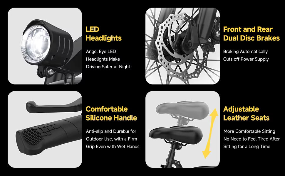 Feature breakdown graphic detailing the LED headlight, front and rear disc brakes, handlebar throttle, and saddle