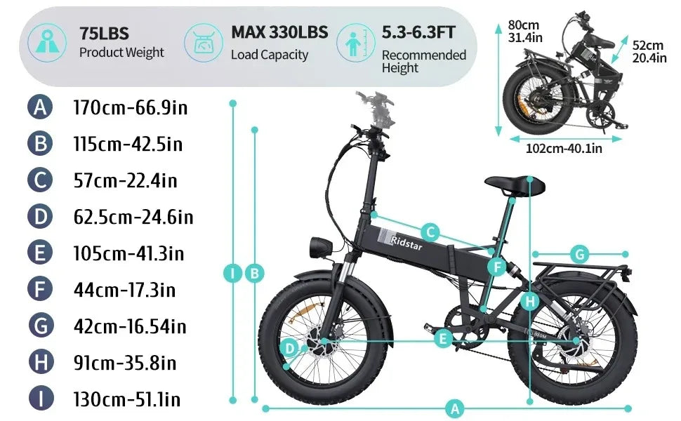 Measurement chart of an electric bike with dimensions labeled