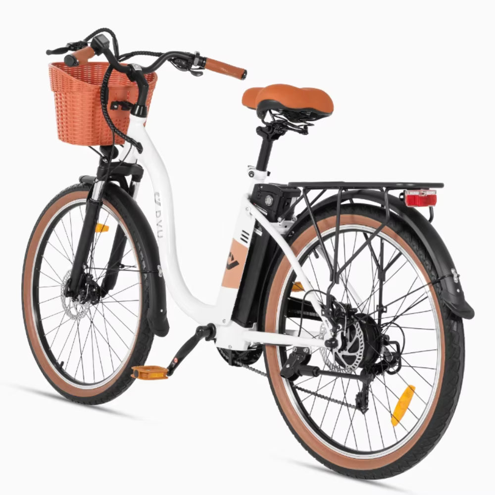 White DYU C6 Pro E-Bike electric bicycle with brown basket and seat on a white background