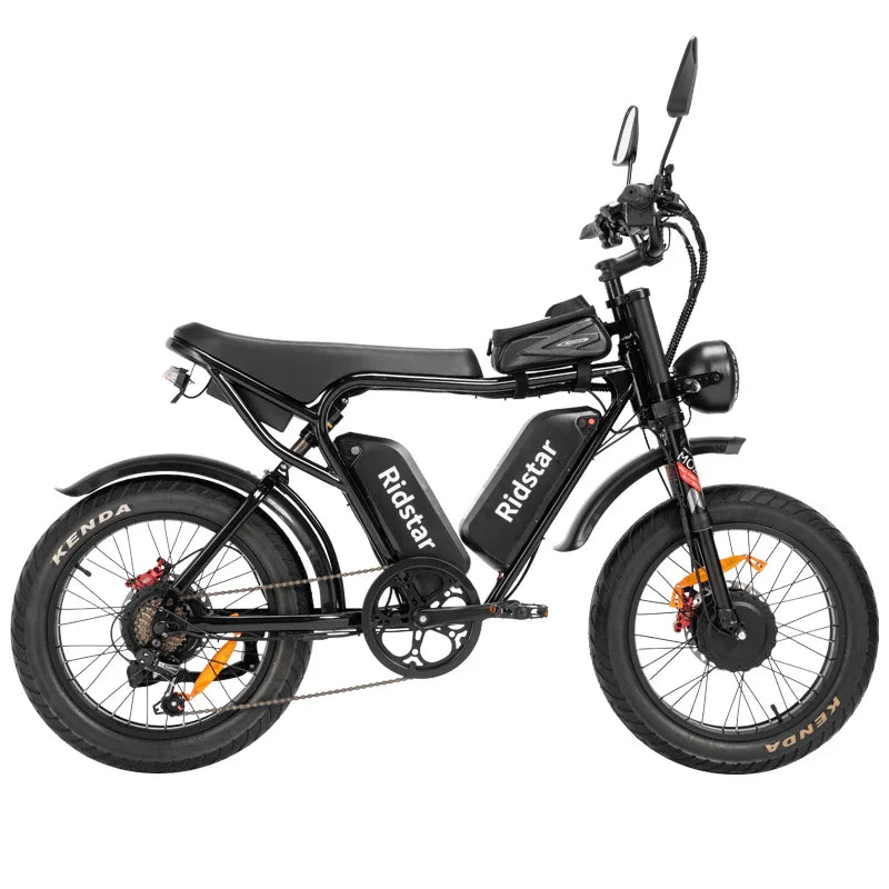 Black electric bike with 'Ridstar' branding on a white background
