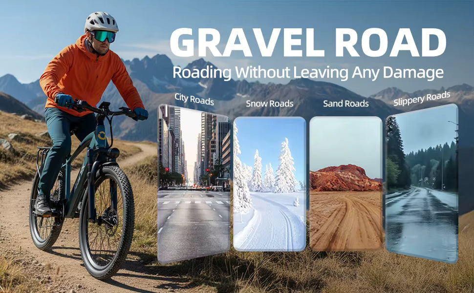 Multi-terrain showcase graphic illustrating performance across city pavements, snowy paths, and gravel roads