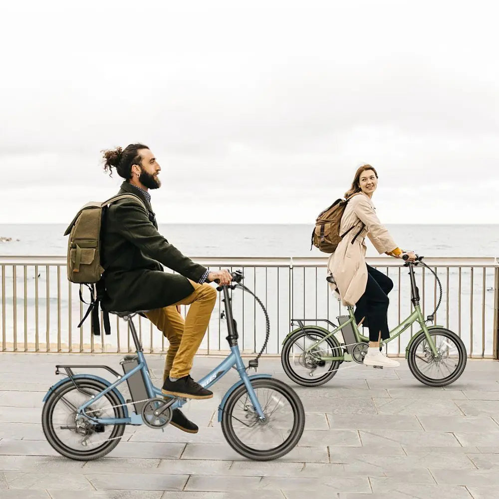 Two people riding electric bicycles on a bridge with a cloudy sky.