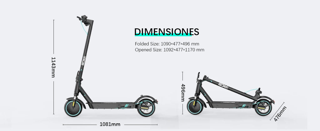 Dimensions of a folded and opened electric scooter on a white background