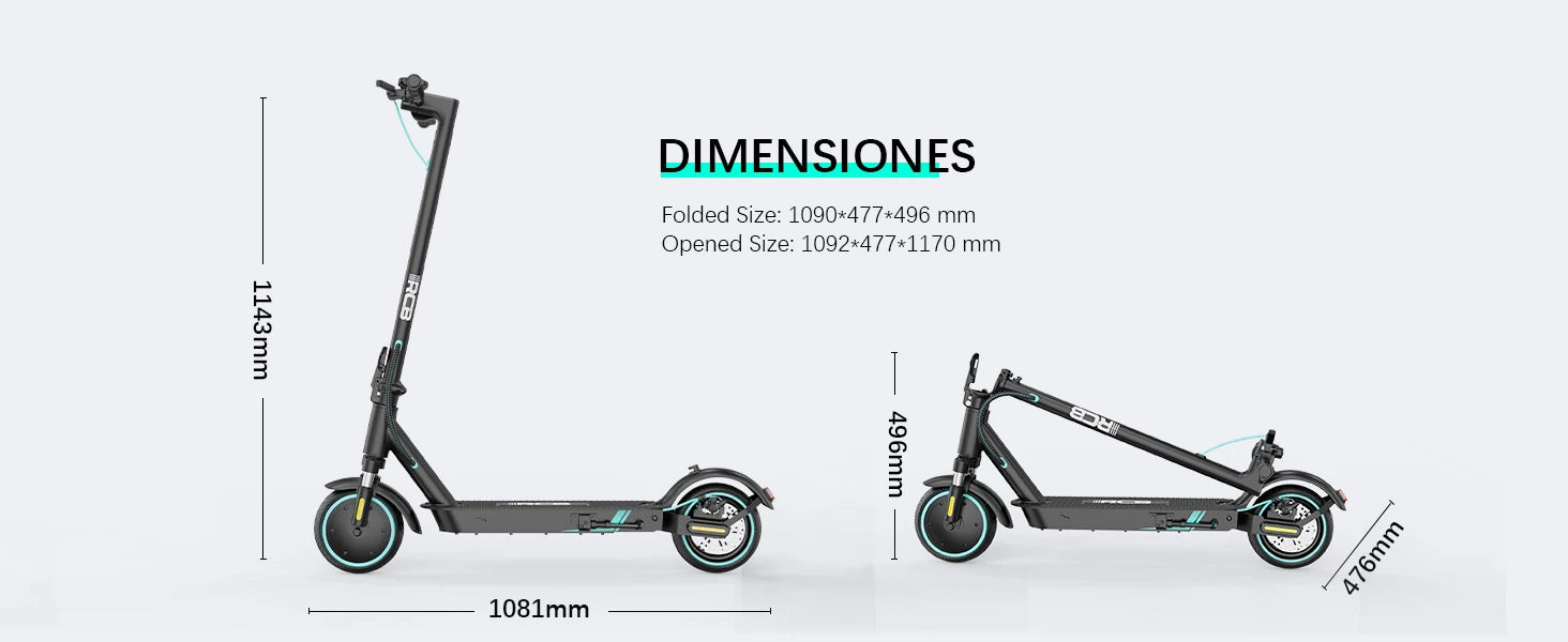 Dimensions of a folded and opened electric scooter on a white background