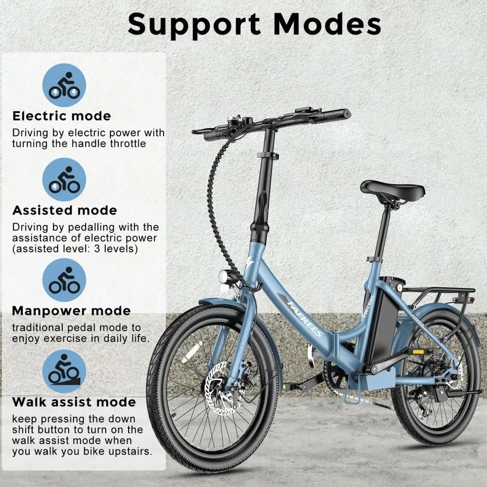 Blue electric bike with text explaining support modes on a gray background