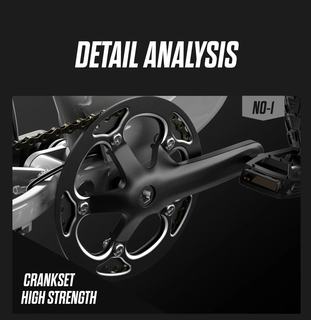High-strength crankset with chain on a black background, featuring high strength txt