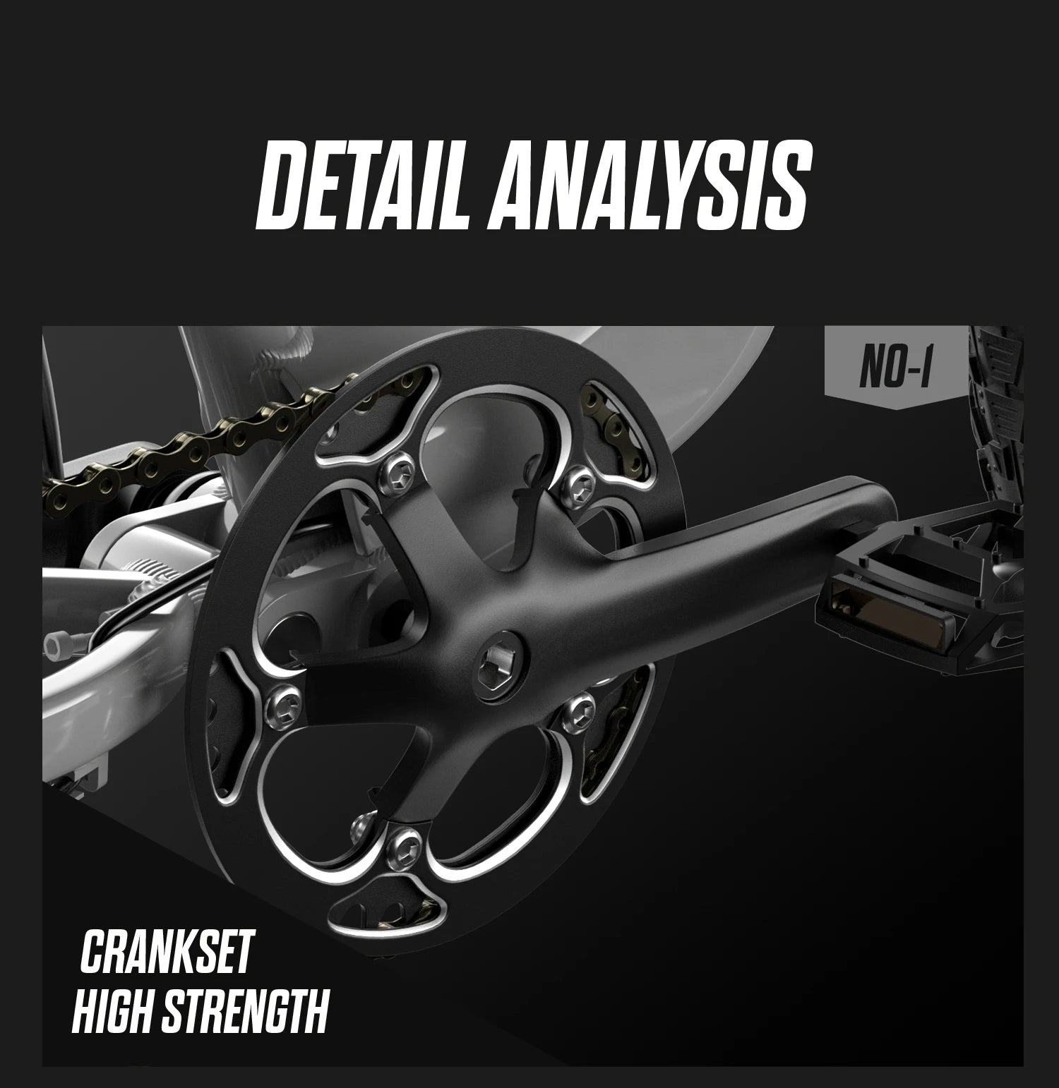 High-strength crankset with chain on a black background, featuring high strength txt