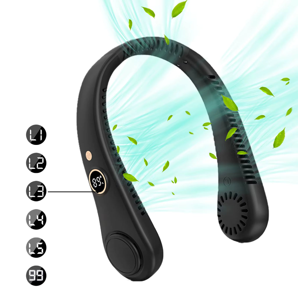 Black neck fan cooling band with a digital temperature display, shown with light blue airflow graphics and green leaves on a white background, with five fan speed indicators on the left.